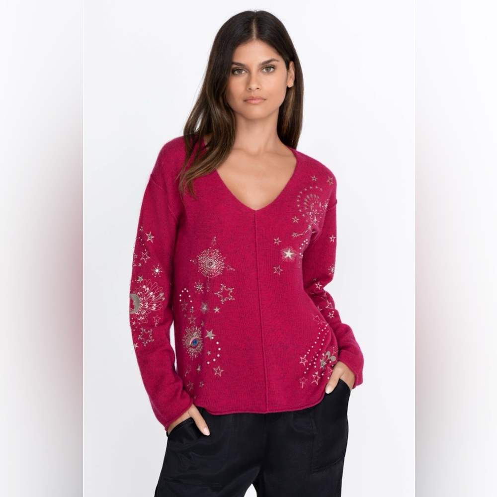 Johnny Was Pink Xandra V-Neck Pullover Wool Cashmere Embellished Sweater Size S